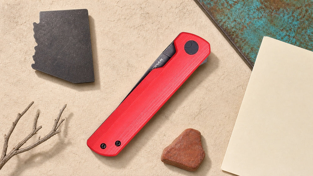 Closed red HOPIAN Clave knife in a neutral Arizona legal research scene
