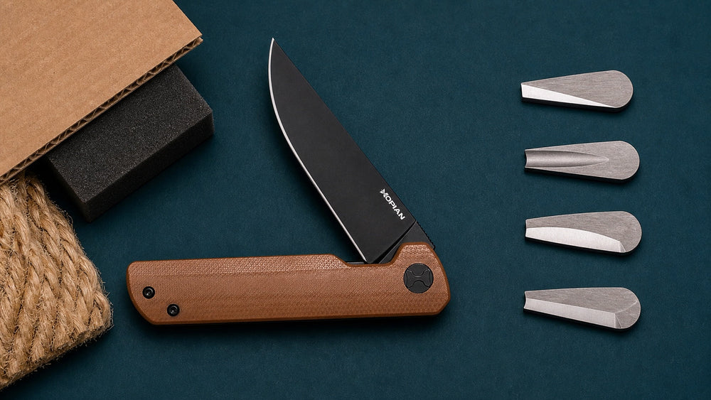 Marrón HOPIAN Clave Cuchillo de  junto convexa plana y muestras de rectificado Scandi