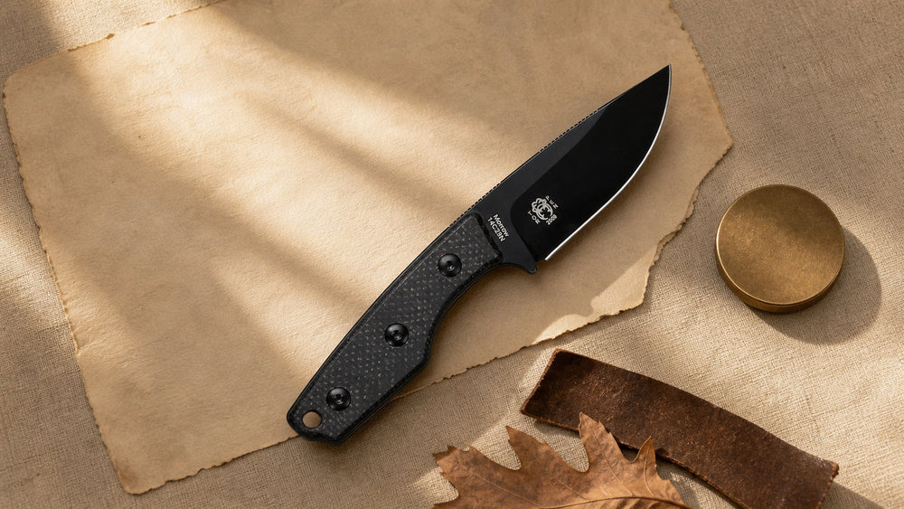 Black HOPIAN Morrow fixed blade in an overhead archival outdoor history scene