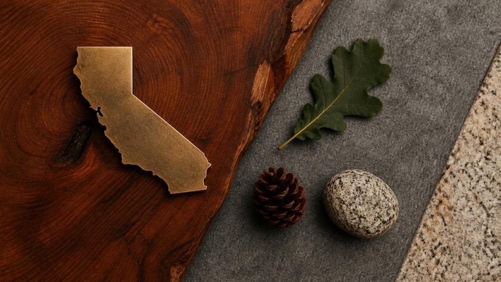 Overhead California silhouette with redwood, oak leaf, pine cone, and granite