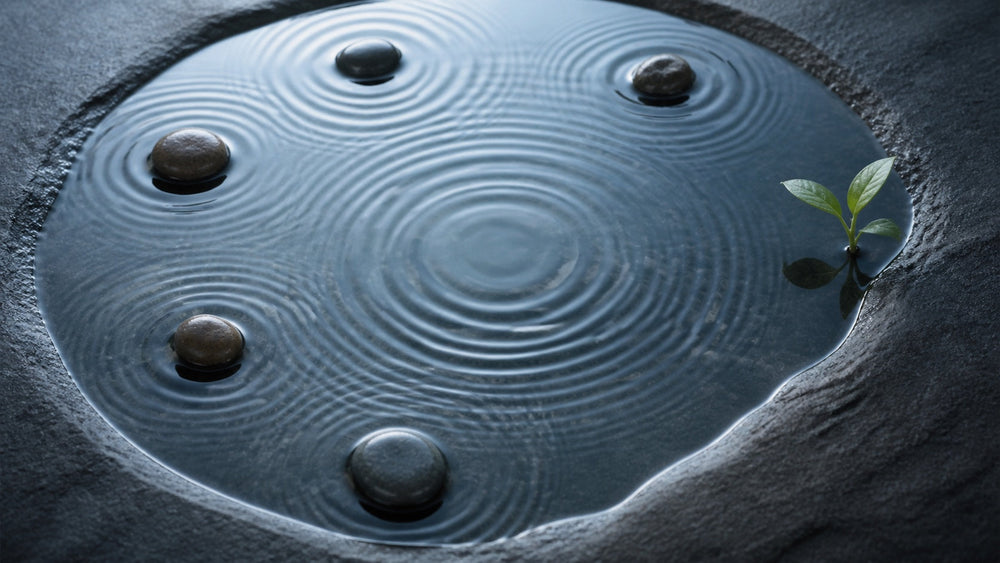 Overlapping water ripples and stones representing customer feedback becoming a focused idea
