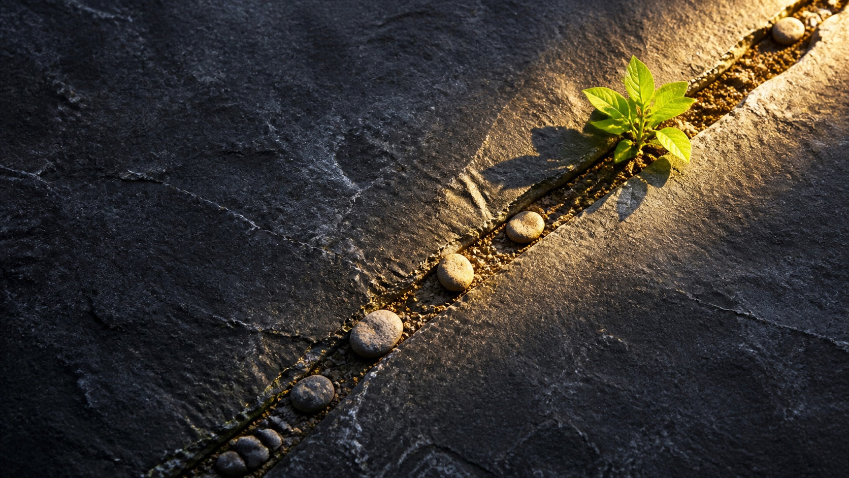 Green plant growing along a sunlit path through dark stone