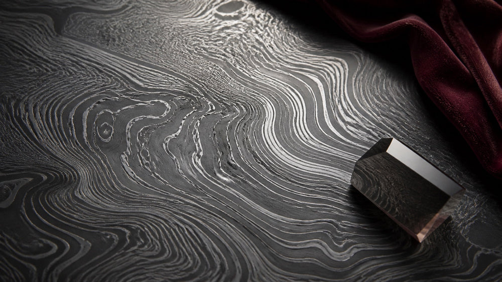 Flowing layered Damascus steel pattern with smoked glass and burgundy velvet