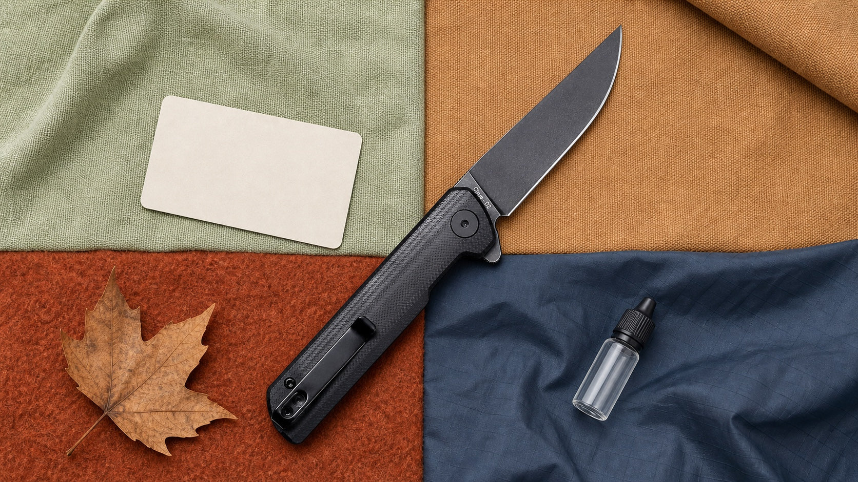 Schwarzer HOPIAN Clave Klappmesser über vier saisonale Materialien für einen Jahrestest