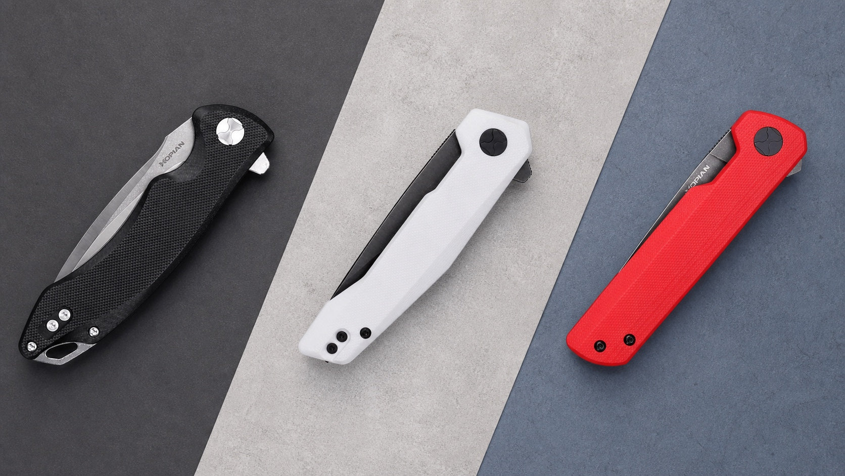 Closed black Arcus, white Vex, and red Clave knives in an overhead comparison