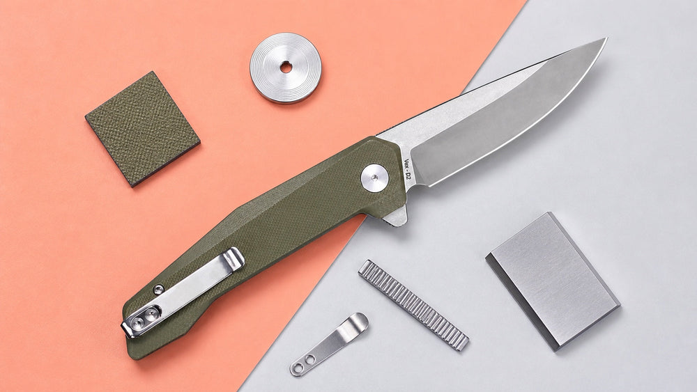 Green HOPIAN VEX Klappmesser neben separaten Proben mit gängigen Messerbegriffen