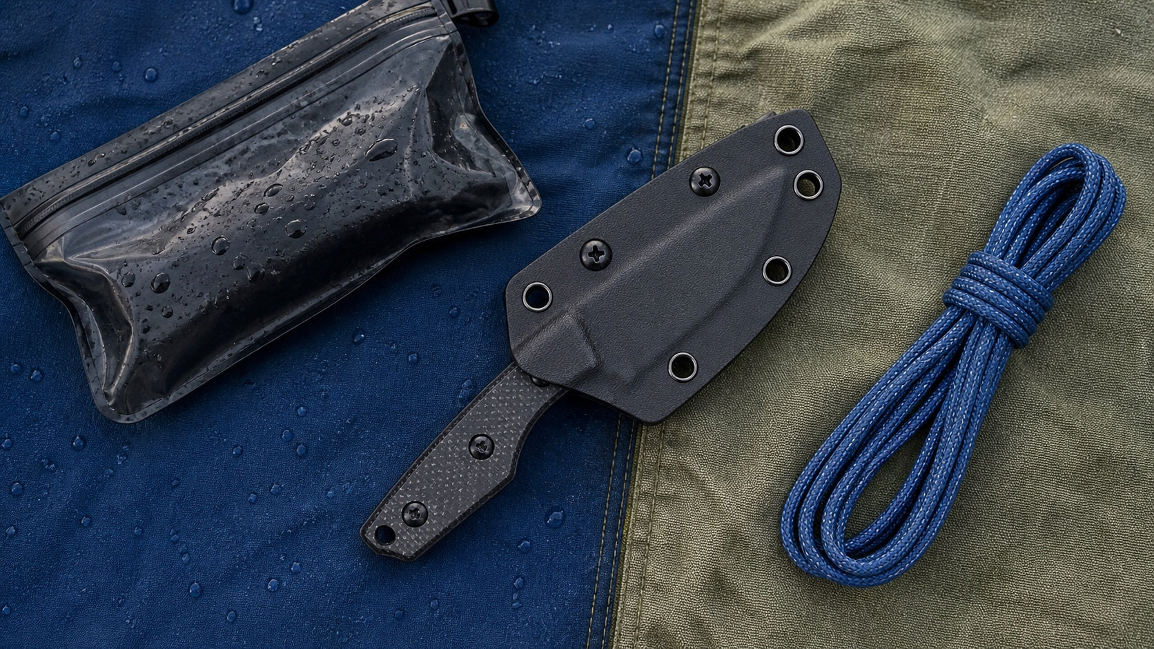 Sheathed black HOPIAN Morrow knife with waterproof fishing gear on blue and green fabric