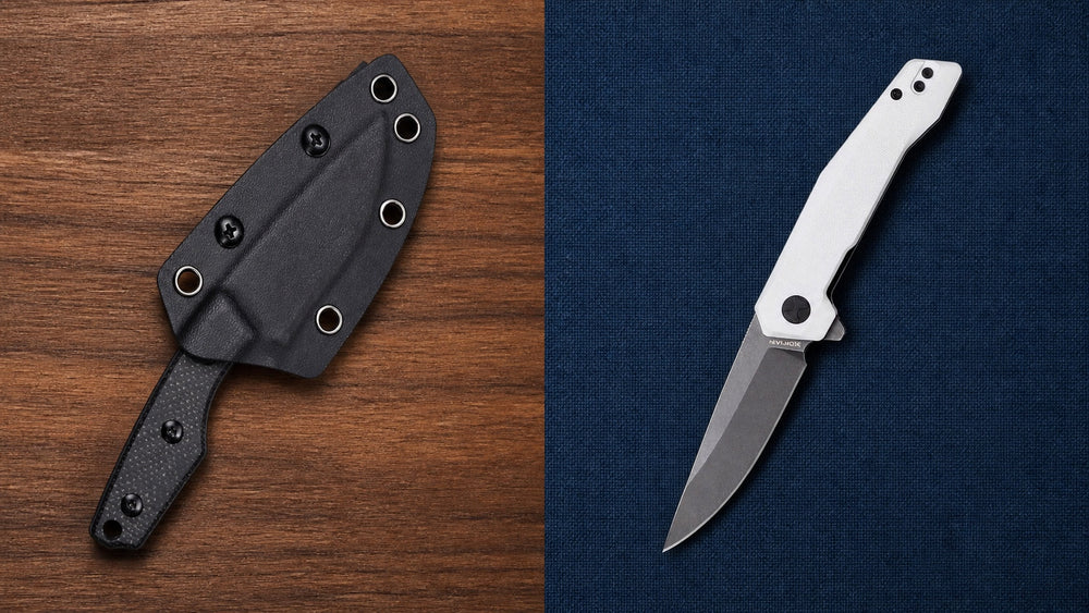 Sheathed black HOPIAN Morrow beside an open white HOPIAN Vex knife
