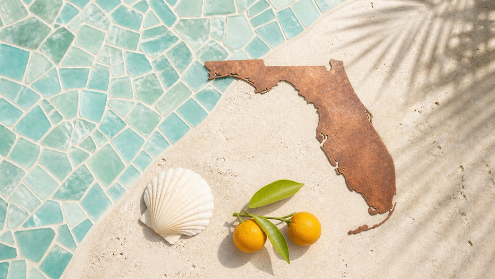 Overhead Florida silhouette with citrus fruit and a white seashell