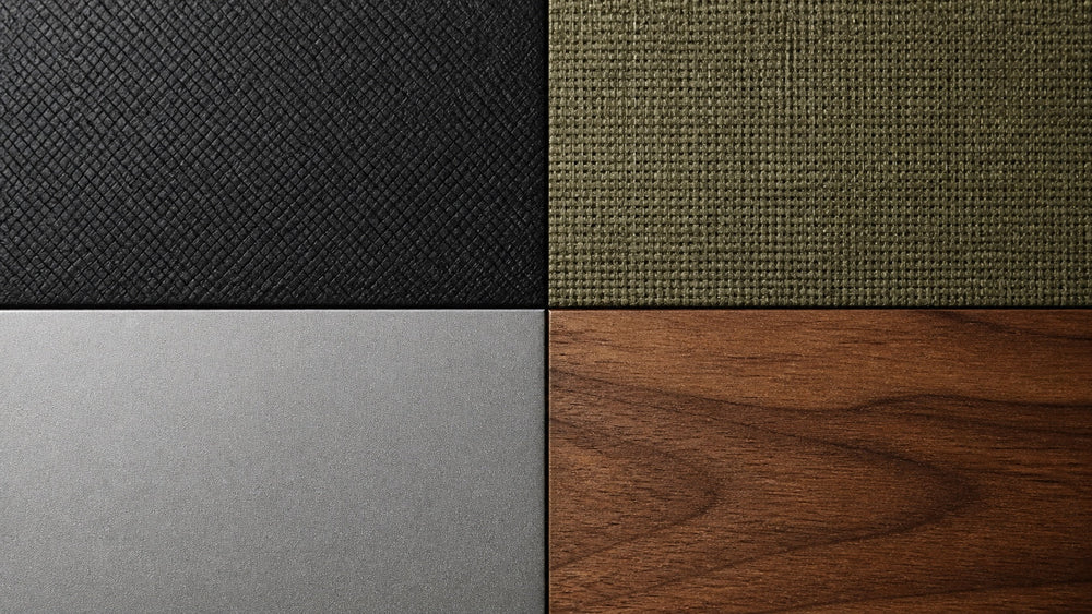 G10, Micarta, Metall und Walnuss Texturen, angeordnet als vier Materialfelder