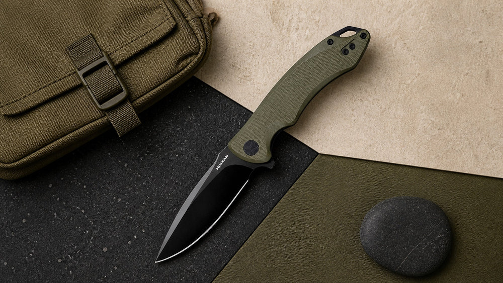 Open green HOPIAN Arcus knife with an outdoor pouch on a modern material setting