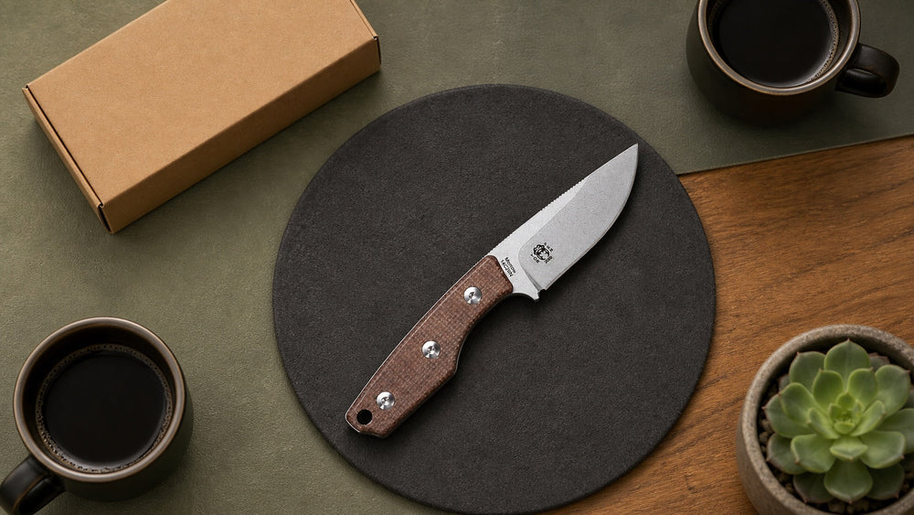 Open brown HOPIAN Morrow knife on a community workshop review table