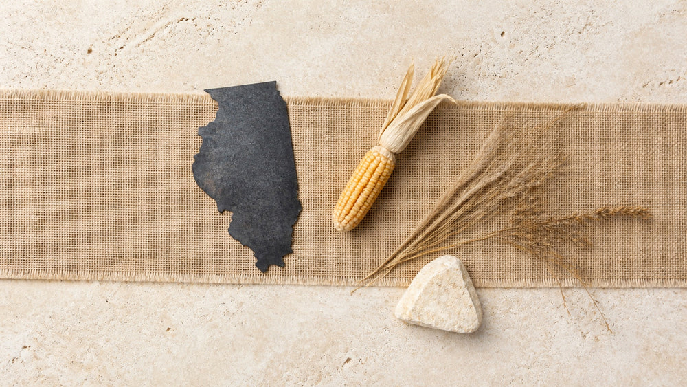 Overhead Illinois silhouette with dried corn, prairie grass, and limestone