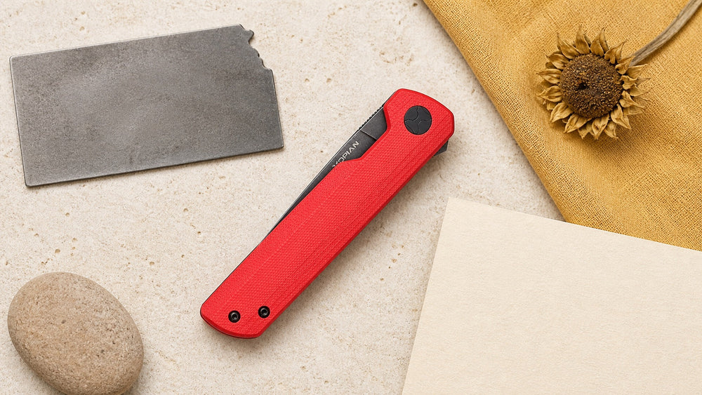 Closed red HOPIAN Clave knife in a neutral Kansas legal research scene
