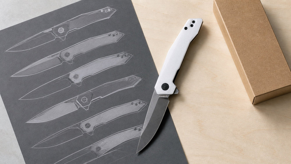 Open white HOPIAN Vex knife beside a completed concept drawing and product box
