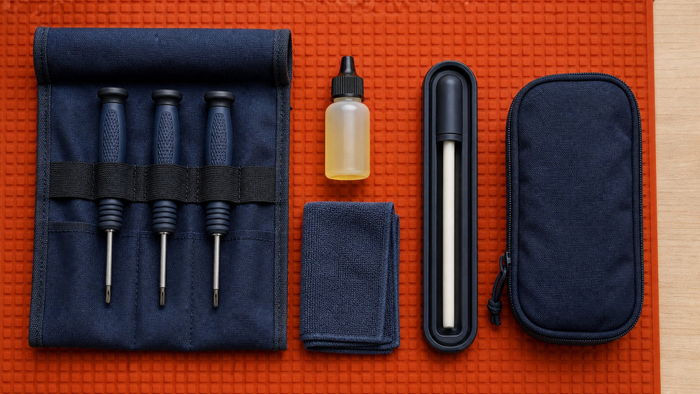 Complete knife maintenance tools and carry accessories arranged on an orange mat