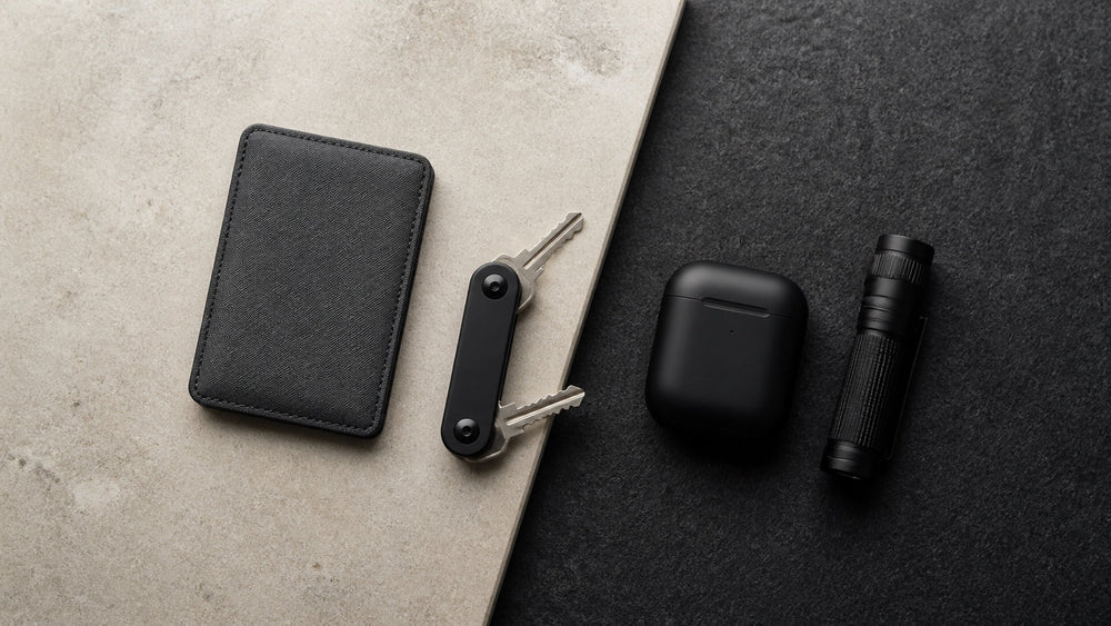 Minimalist EDC wallet, key organizer, earbuds, and compact flashlight