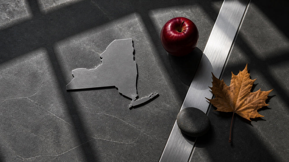 Overhead New York State silhouette with an apple, autumn leaf, and river stone