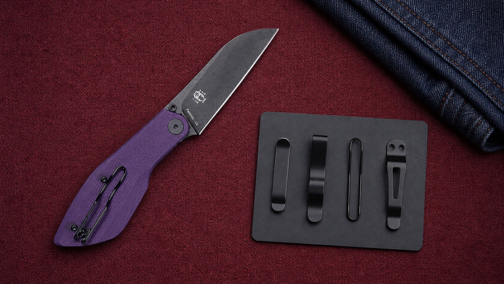 Púrpura HOPIAN Periodic Cuchillo  con clip de alambre junto a muestras separadas de estilo clip de bolsillo