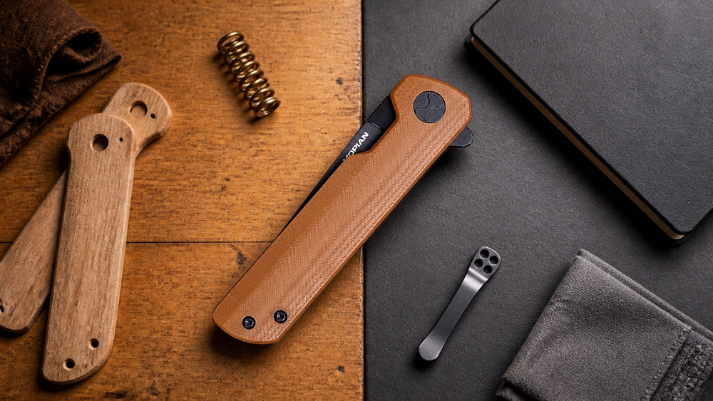 Geschlossene braune HOPIAN Clave Messer in einer Szene, die historische Werkzeuge mit modernen EDC verbindet