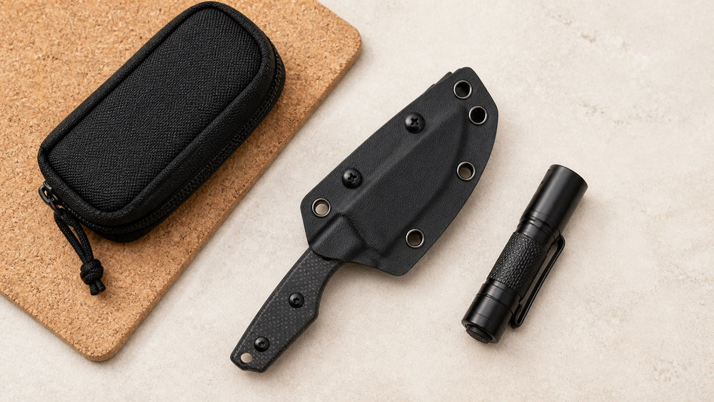 Sheathed black HOPIAN Morrow knife with a compact pouch and flashlight