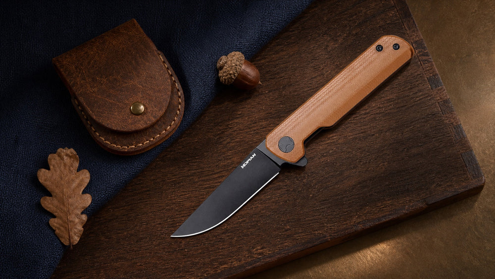 Open brown HOPIAN Clave knife in a historical-meets-modern material setting