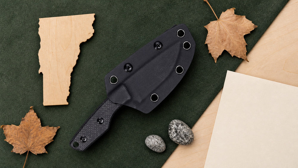 Cuchillo HOPIAN Morrow negro enfundado en una escena neutral de investigación jurídica sobre Vermont