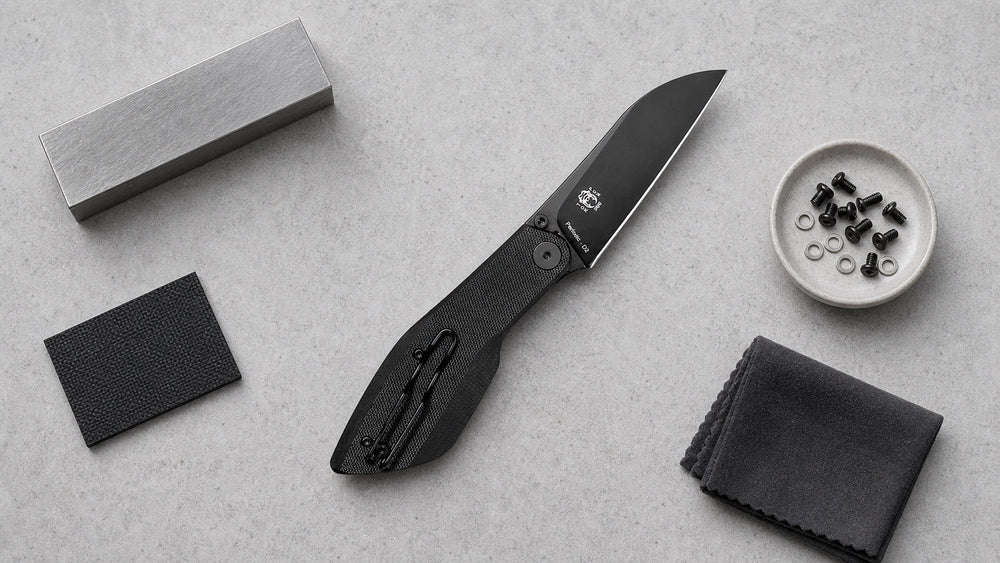 Black HOPIAN Periodic folding knife beside raw materials and precision hardware